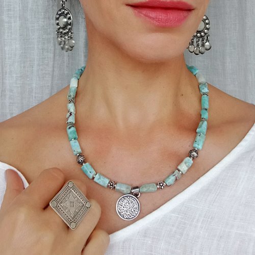 Larimar naszyjnik z arabskim wisiorkiem