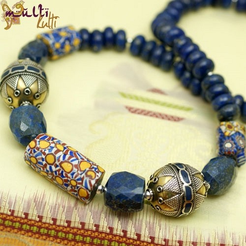 Millefiori, srebro z Turkmenistanu, lapis lazuli