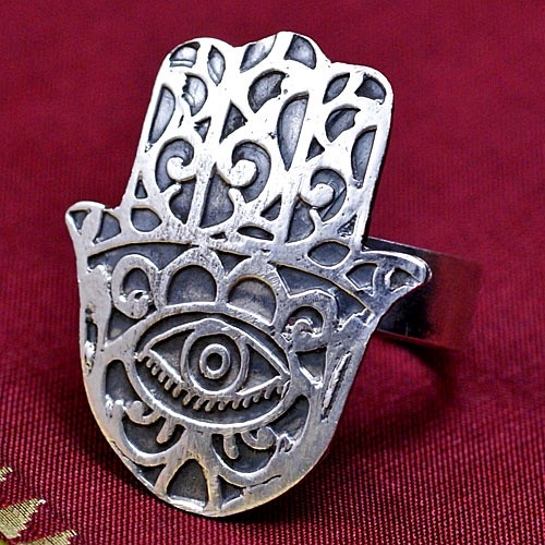 Srebrny pierścionek amulet Hamsa i Oko