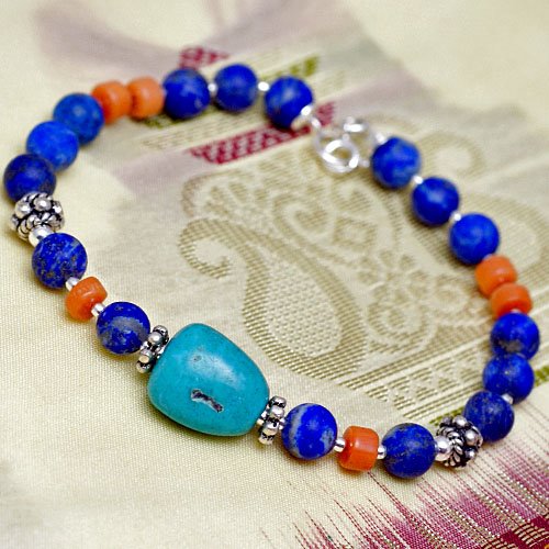 Bransoletka etno boho; Lapis, turkus, koral